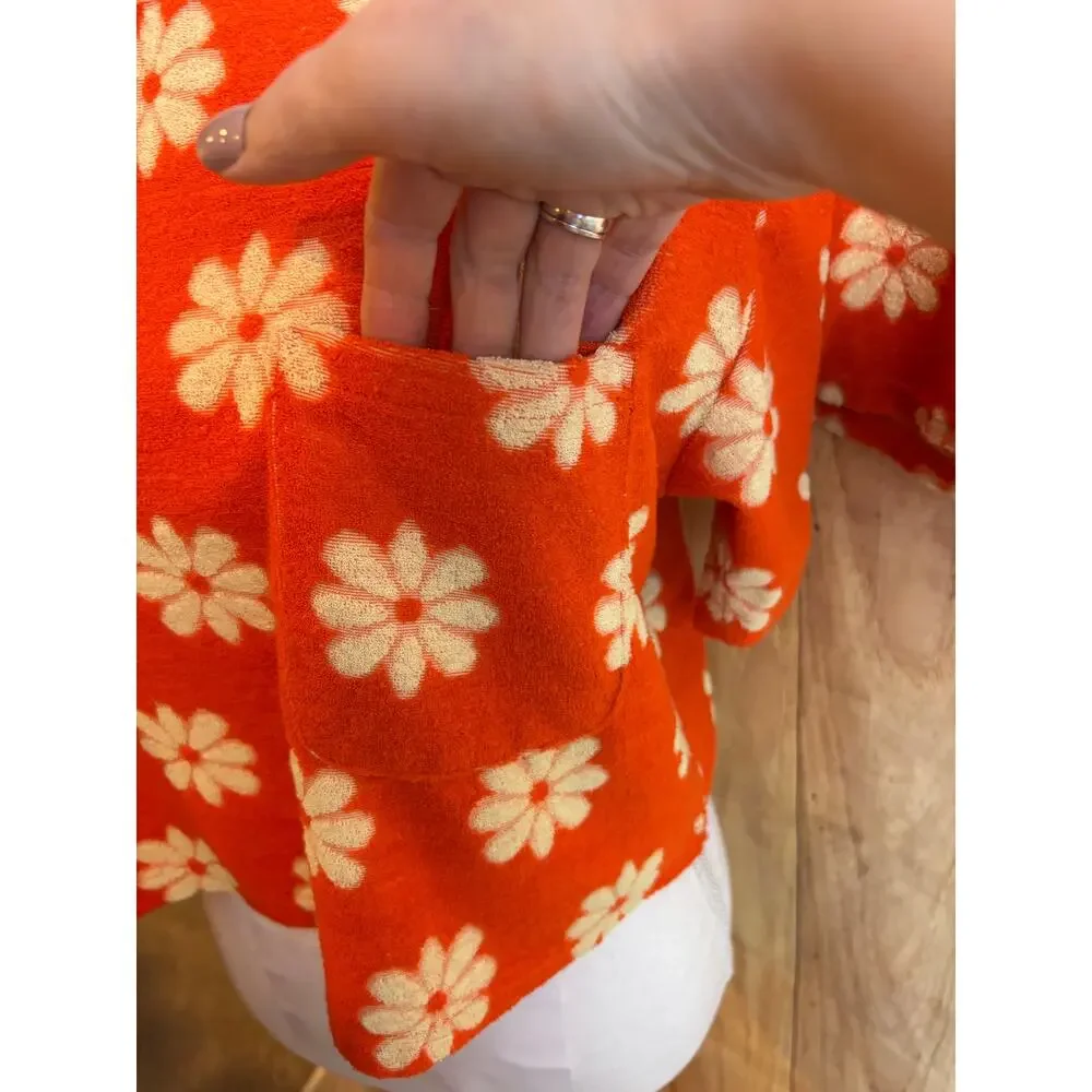 New In Orange Daisy Terry Cloth Short Top Set Swimsuit Coverup Women's Size M - Picture 3 of 9